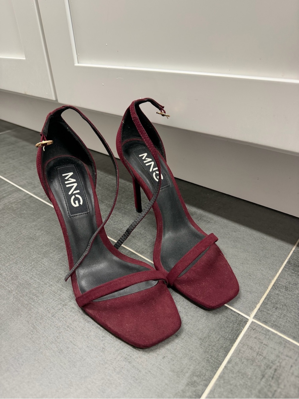 Mango Burgundy Suede Ankle-Strap Stiletto Heels
